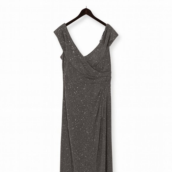 Alex Evenings Charcoal Glitter Ruched V-Neck Evening Gown - Size 24W - Picture 2 of 5